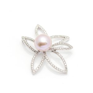 Colgante FLOR de Oro Blanco con Diamantes y Perla