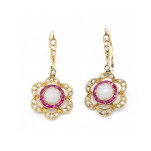 Pendientes BELLE en oro Amarillo Piedraluna, Diamantes y Rubi