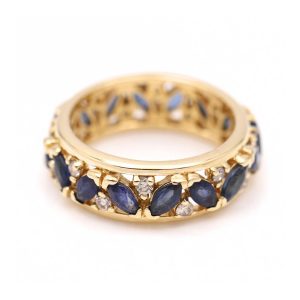 Anillo MARQUESA de Oro Amarillo con Zafiros y Diamantes